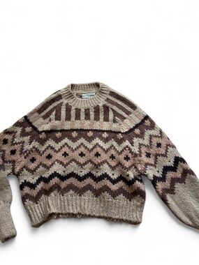 Anthropologie women's  Fair Isle Crewneck Sweater in Taupe, Brown & Black